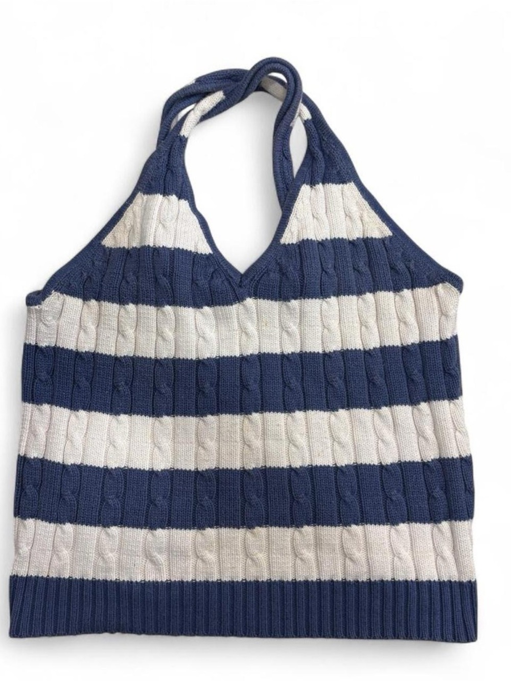 Striped Knit Halter Tank Top in Navy and Cream